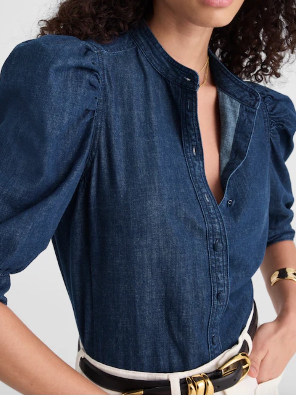 Madewell Denim Puff-Sleeve Band-Collar Shirt